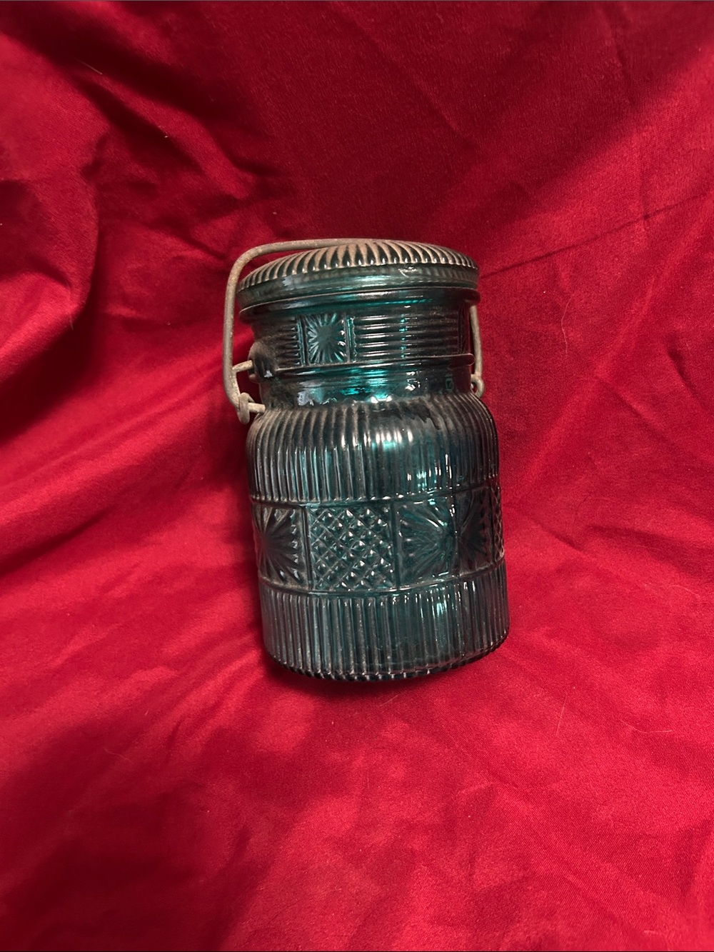 Avon Turquoise Blue Glass Canning Jar with Wire Bail Handle vintage